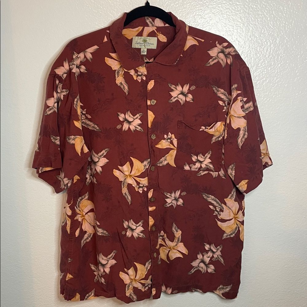Island Shores Floral Washable Silk Hawaiian Shirt Men's XL Red Coastal Tropical